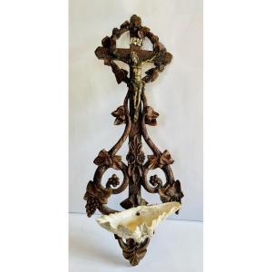 Carved Wooden Holy Water Crucifix 